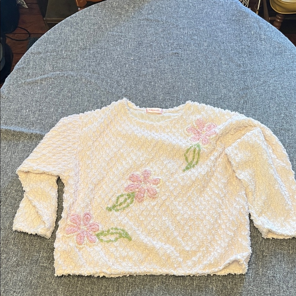 Chenille Floral Textured Women Sweater - Cream and Pink